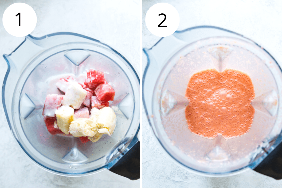 Step by step directions for making a watermelon and banana smoothie in a blender.