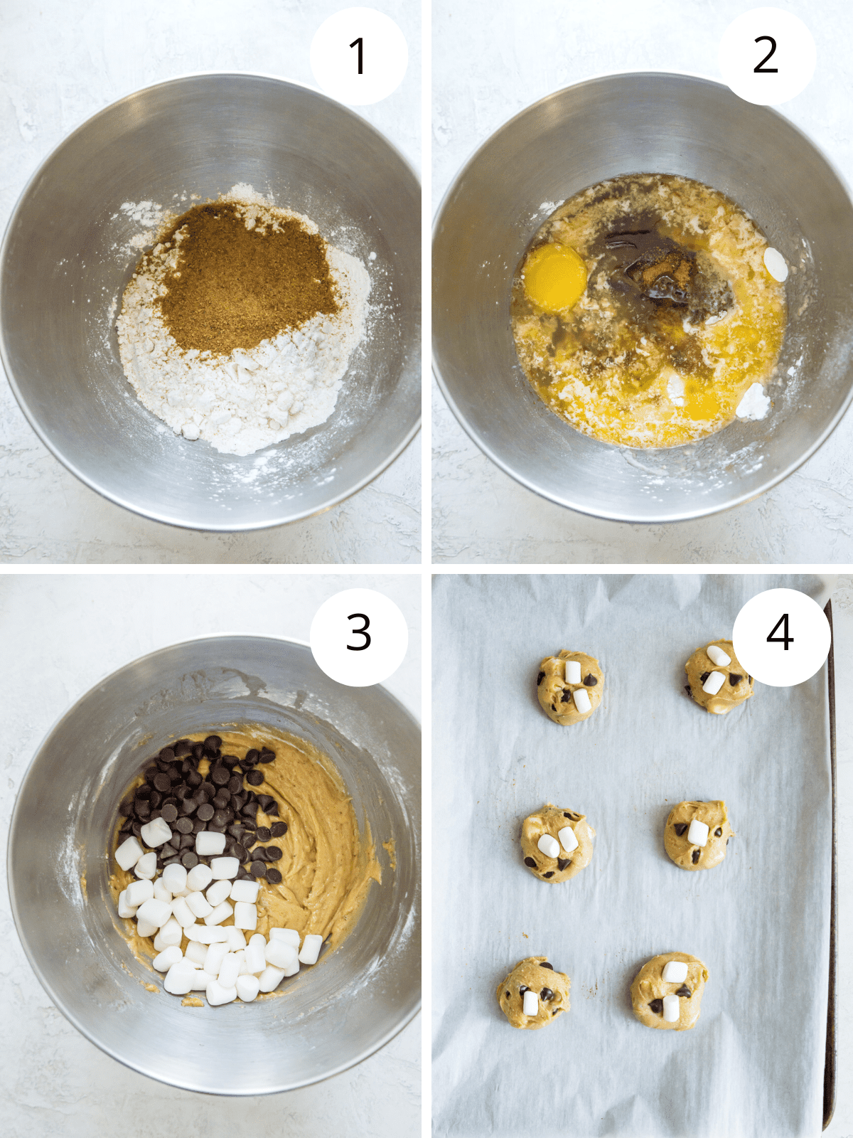 Step by step directions for making chocolate chip marshmallow cookies.