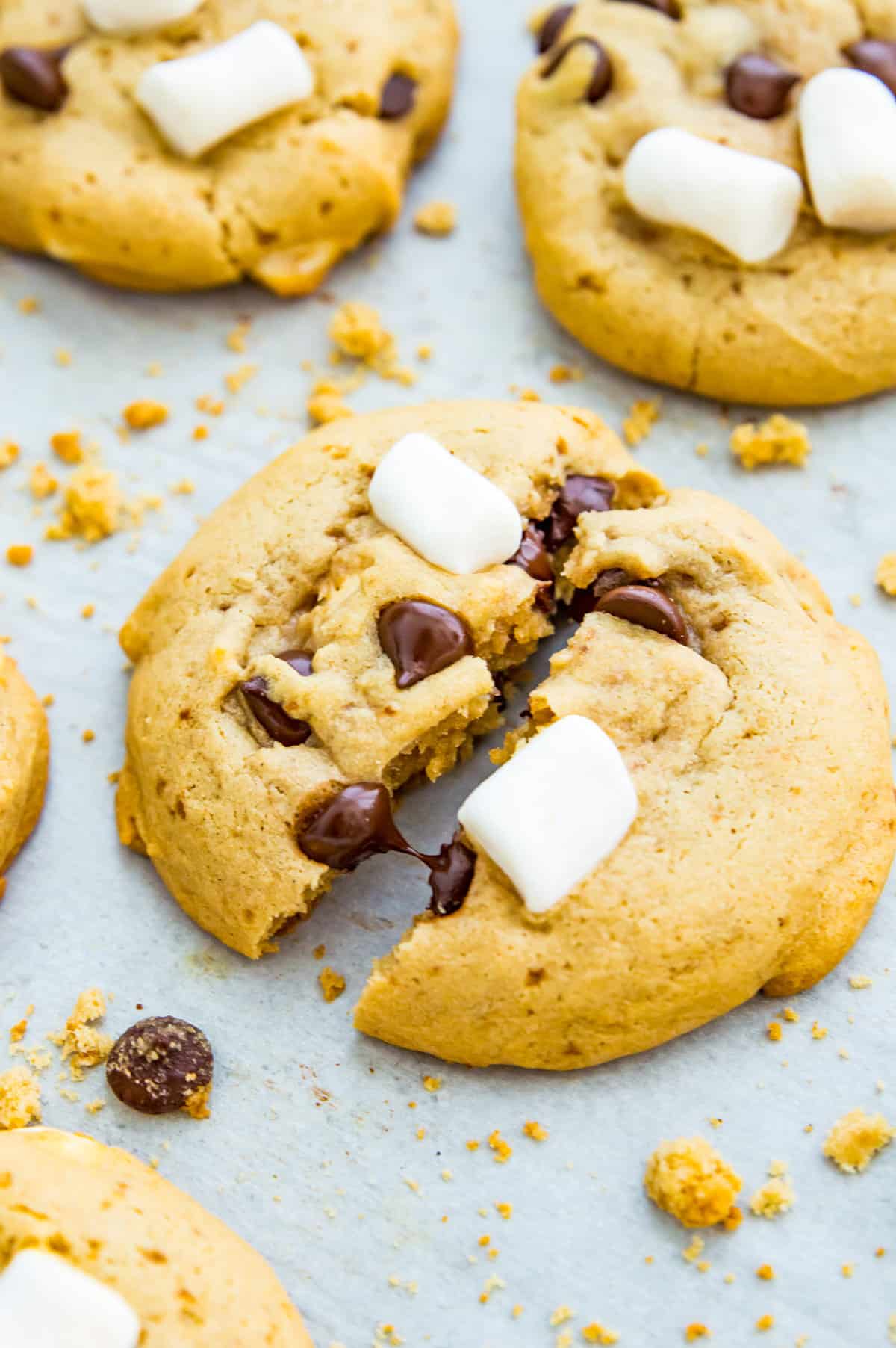 chocolate chip marshmallow cookies on a baking sheet surrounded by cookie crumbs and chocolate chips.