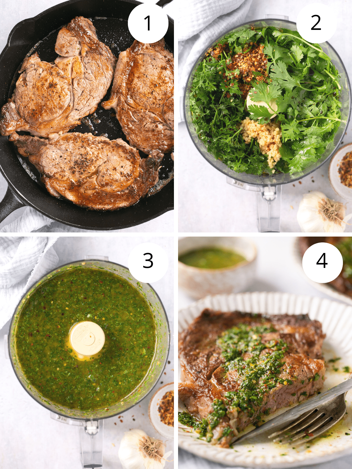 Step by step directions for cooking Denver steak in a pan and making a chimichurri sauce to top it with.