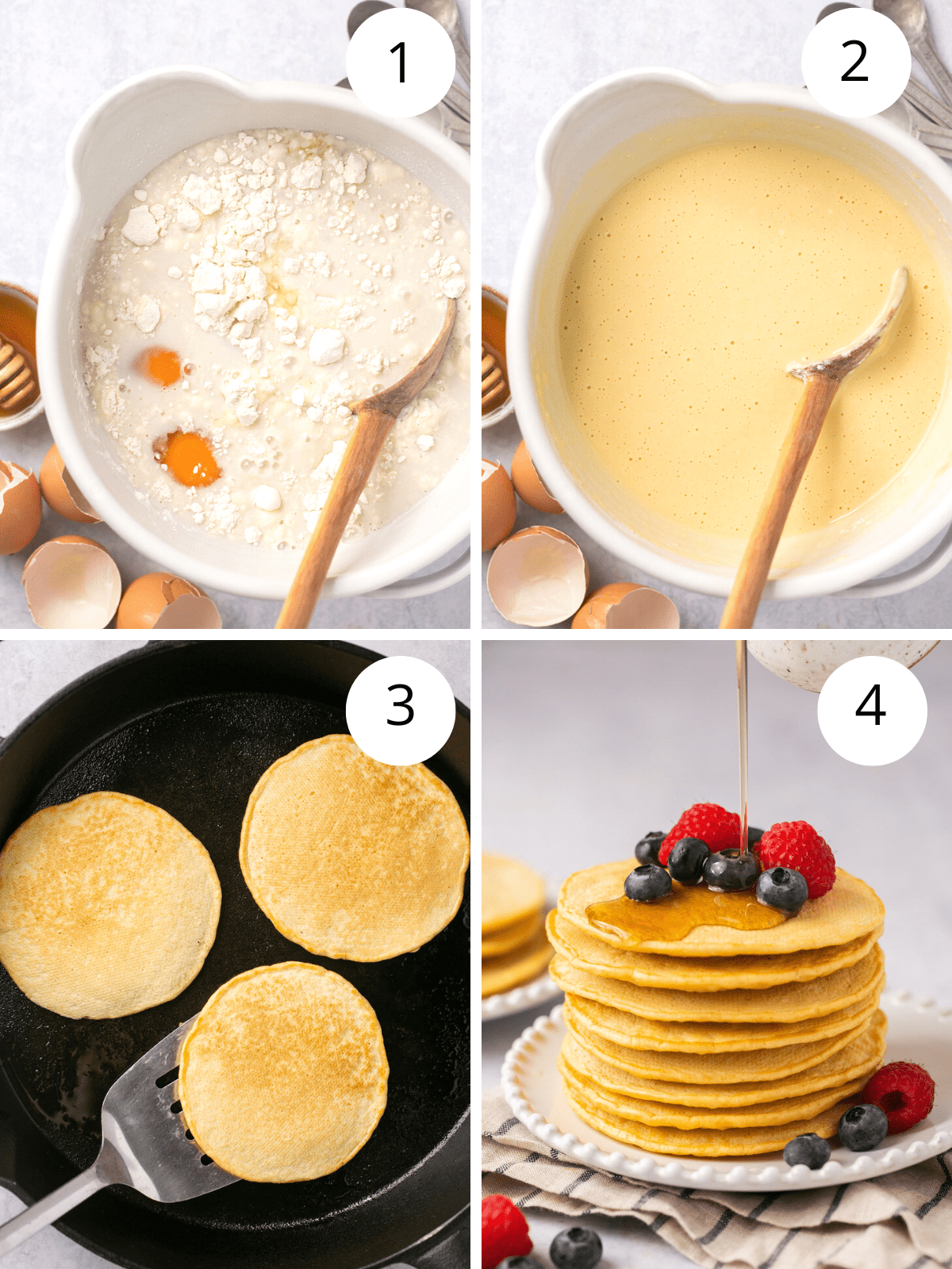 Step by step directions for making oat milk pancakes.