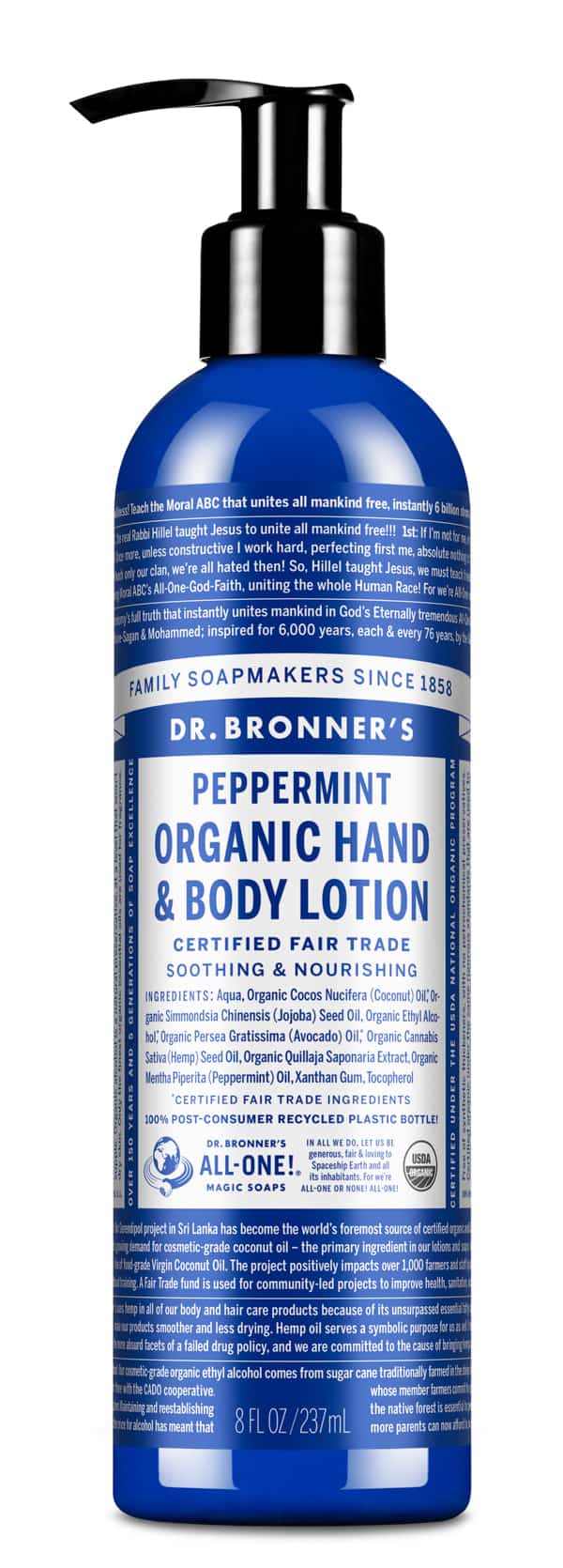 A bottle of Dr. Bronner's body lotion.