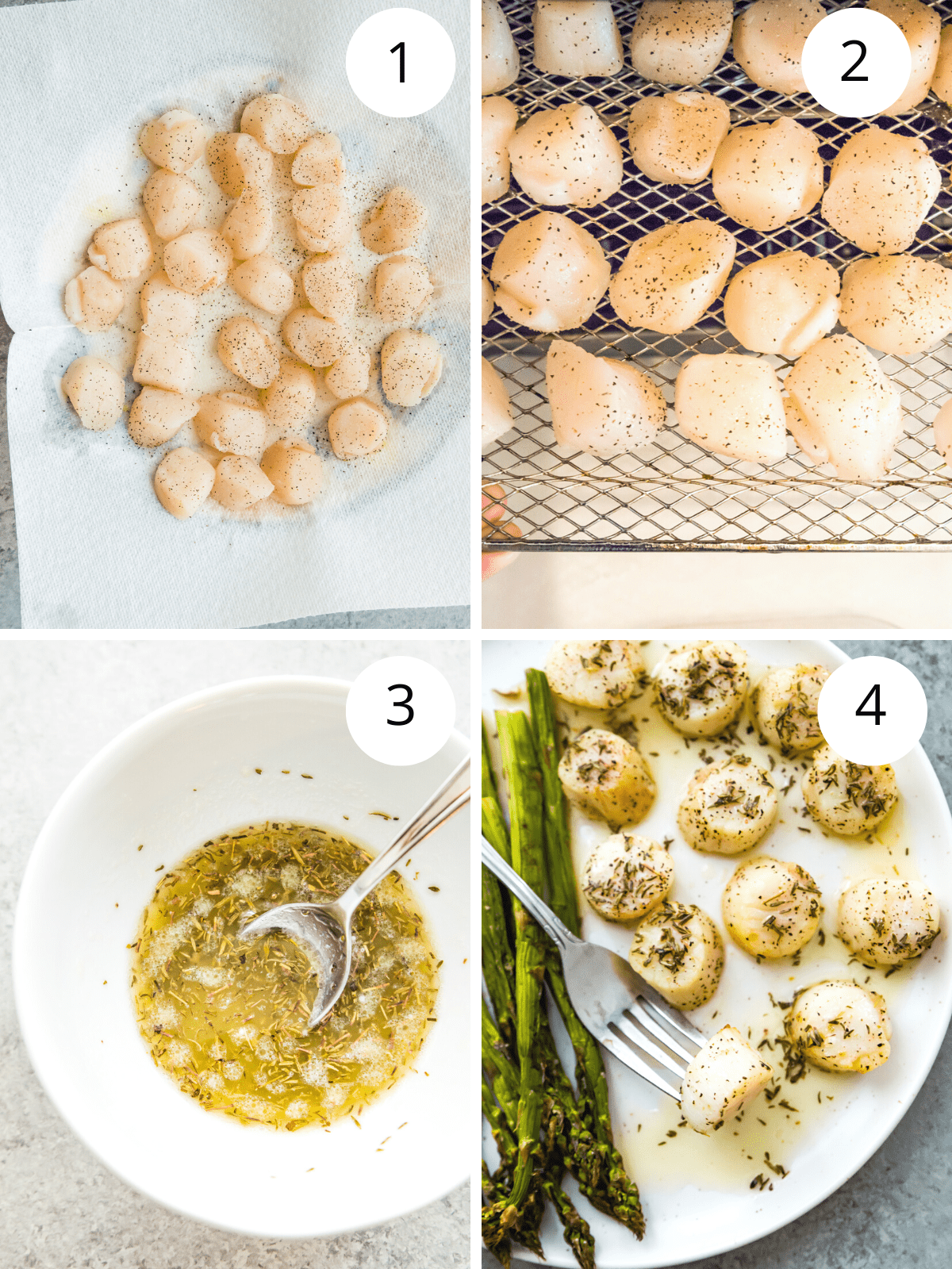 Step by step directions for cooking scallops in an air fryer. 