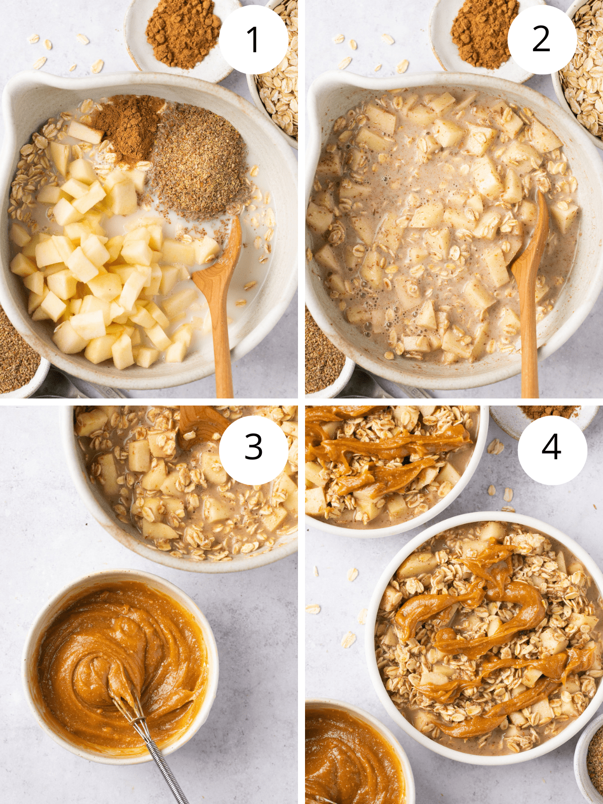 Step by step directions for making apple pie overnight oats in a large bowl.