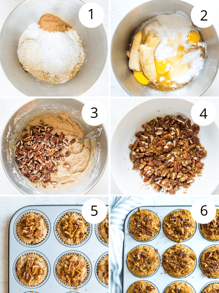 Step by step directions for making banana pecan muffins with a pecan streusel topping.