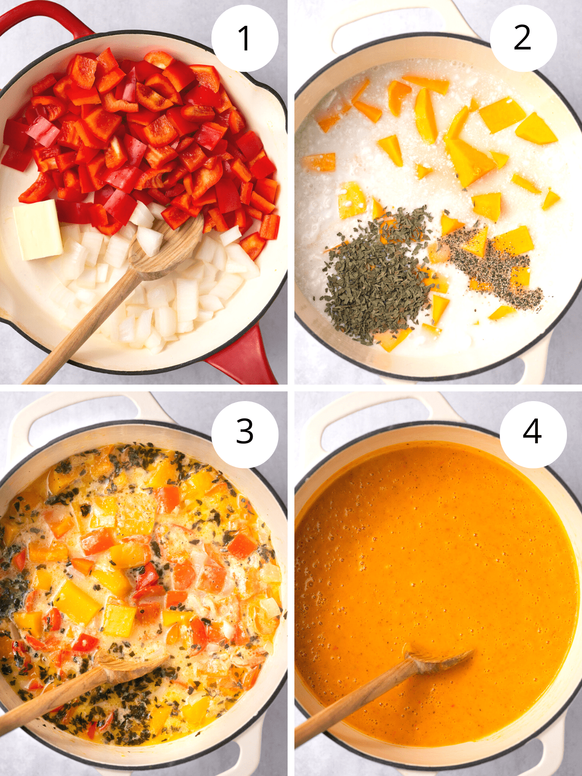 Step by step directions for making butternut squash and red pepper soup.