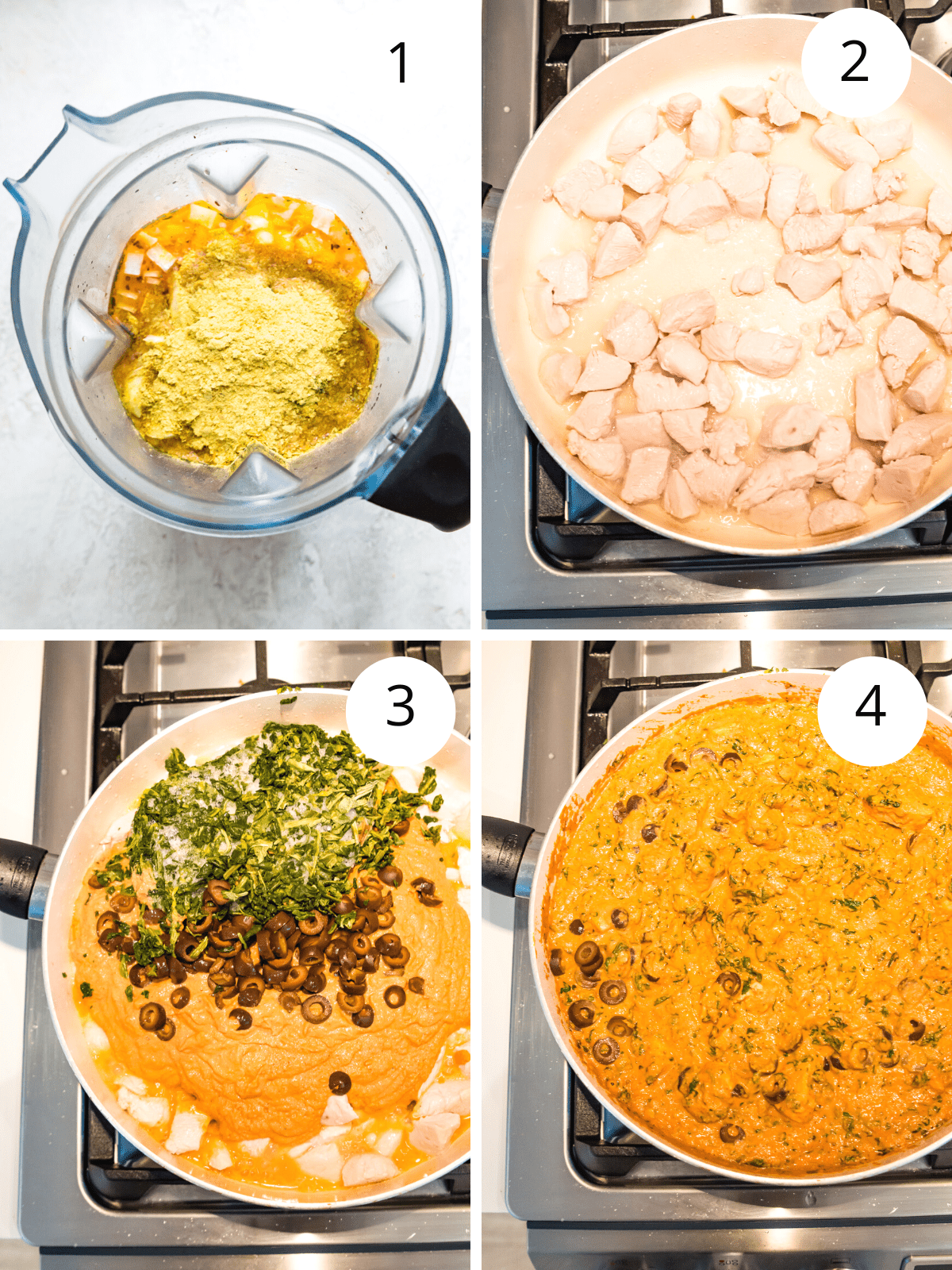 Step by step directions for making a creamy sun dried tomato spinach chicken recipe in a frying pan. 