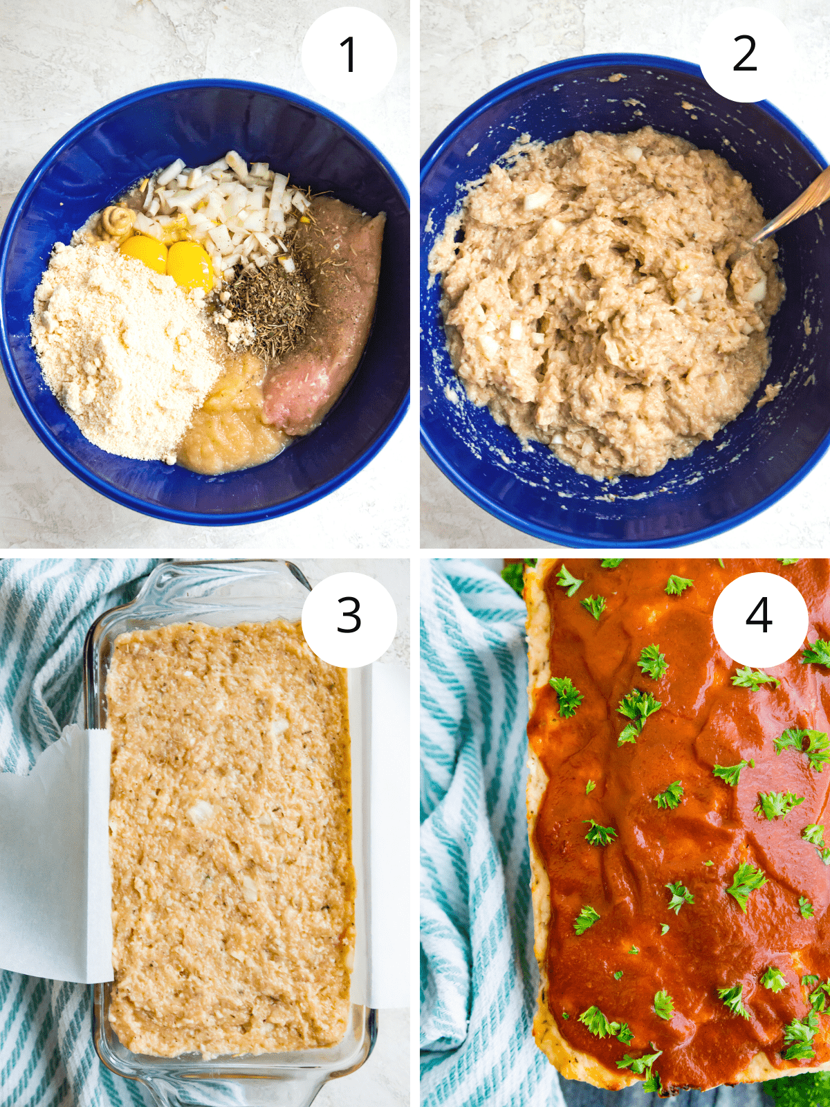 Step by step directions for making a ground chicken meatloaf recipe.