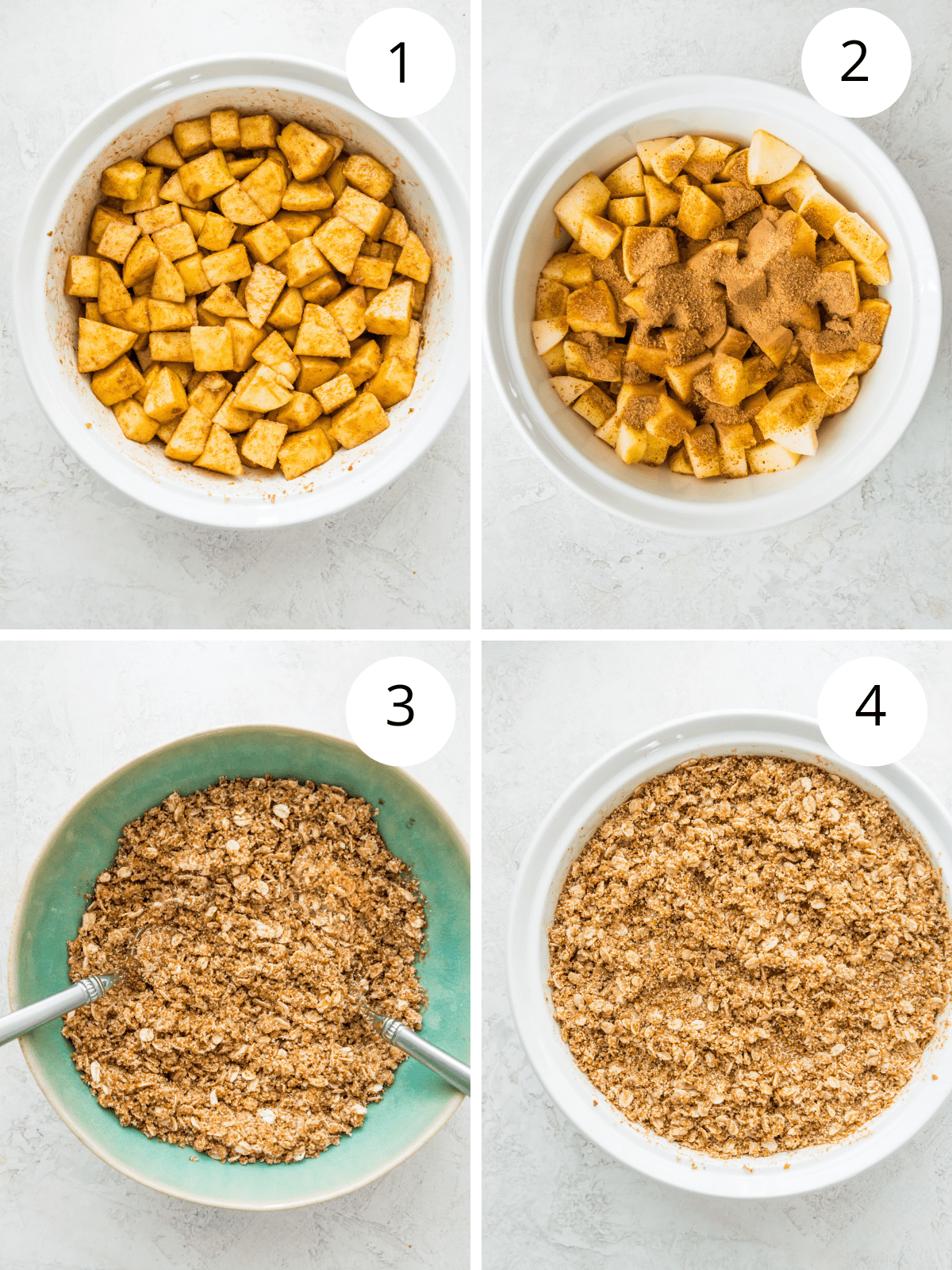 Step by step directions for making apple crumble in a casserole dish.