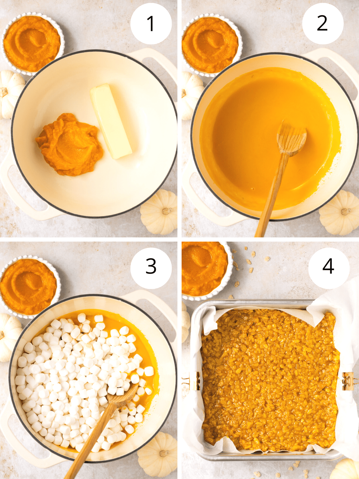Step by step directions for making pumpkin Rice Krispie treats with Rice Krispies, butter, marshmallows and pumpkin puree. 