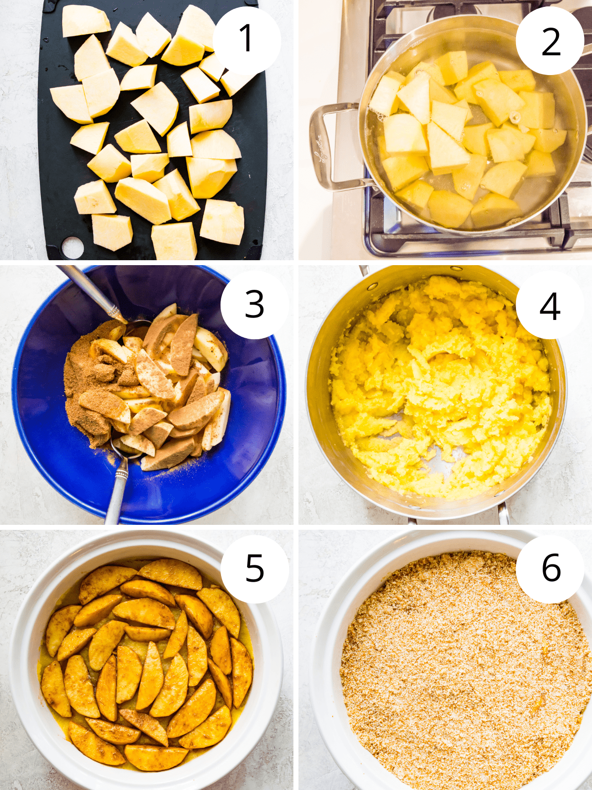 Step by step directions for making a turnip and apple casserole in a large casserole dish.