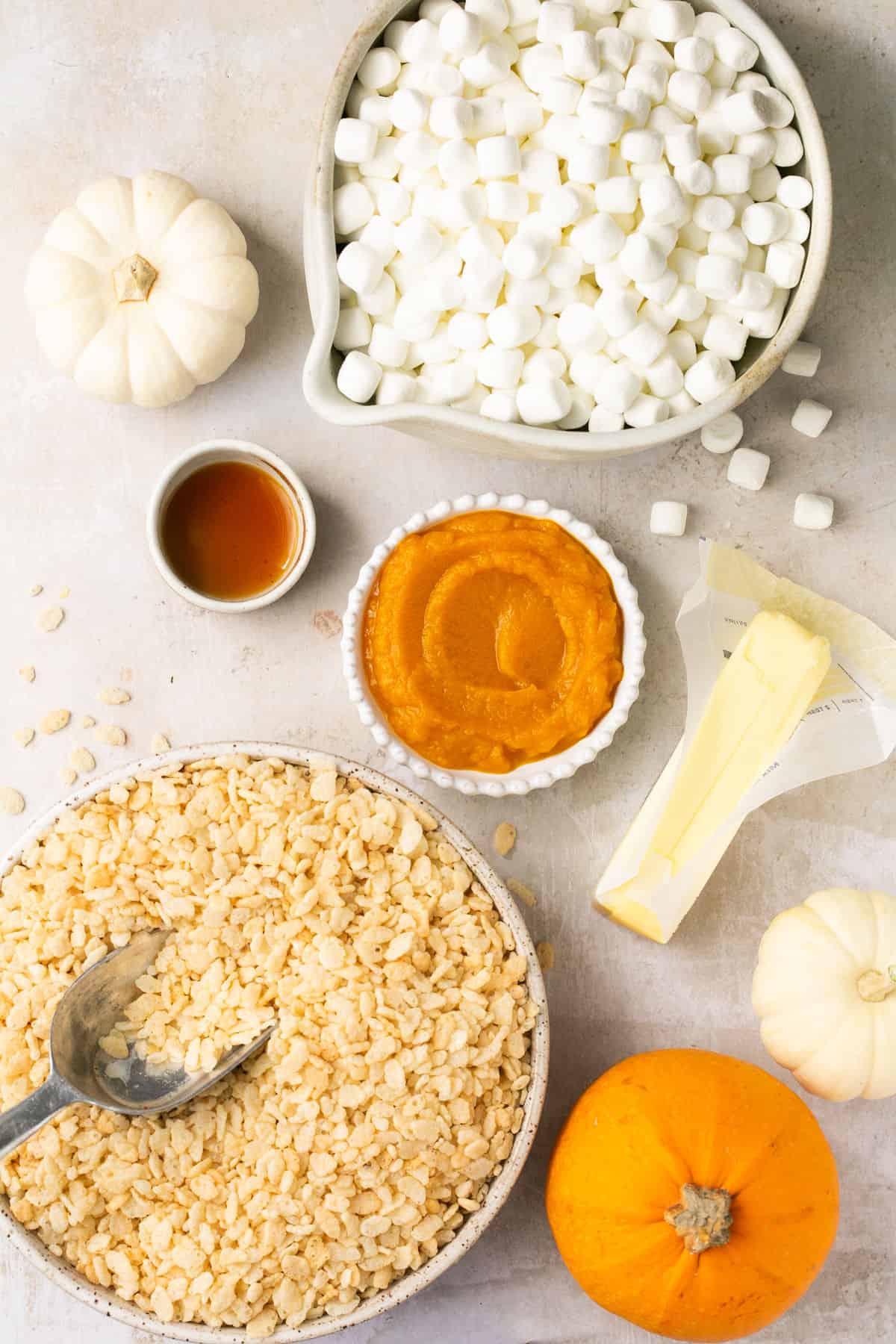 The ingredients needed to make pumpkin Rice Krispie squares separated into small bowls. 