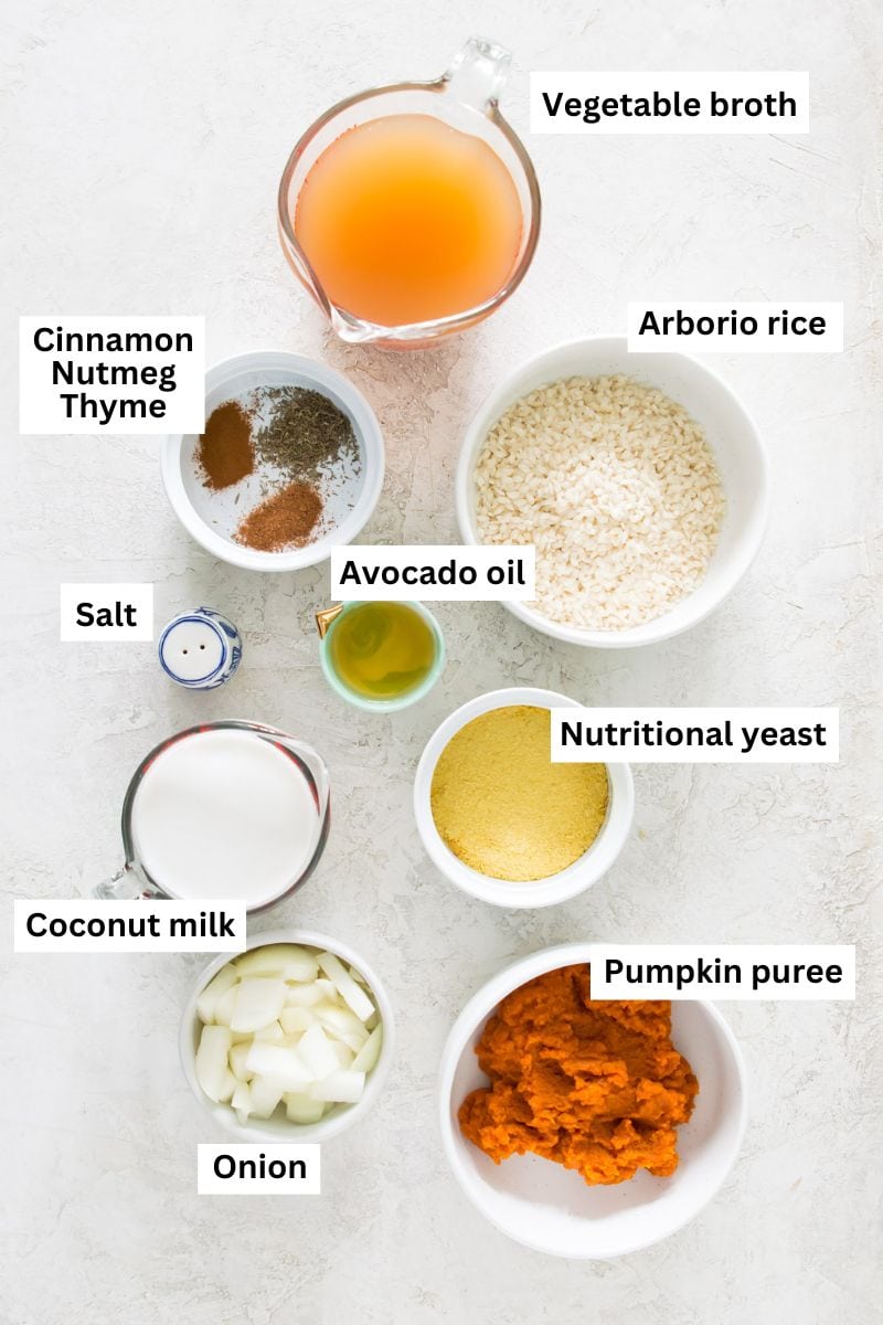 The ingredients needed to make pumpkin risotto separated into bowls including white rice, broth, pumpkin puree, spices and oil.