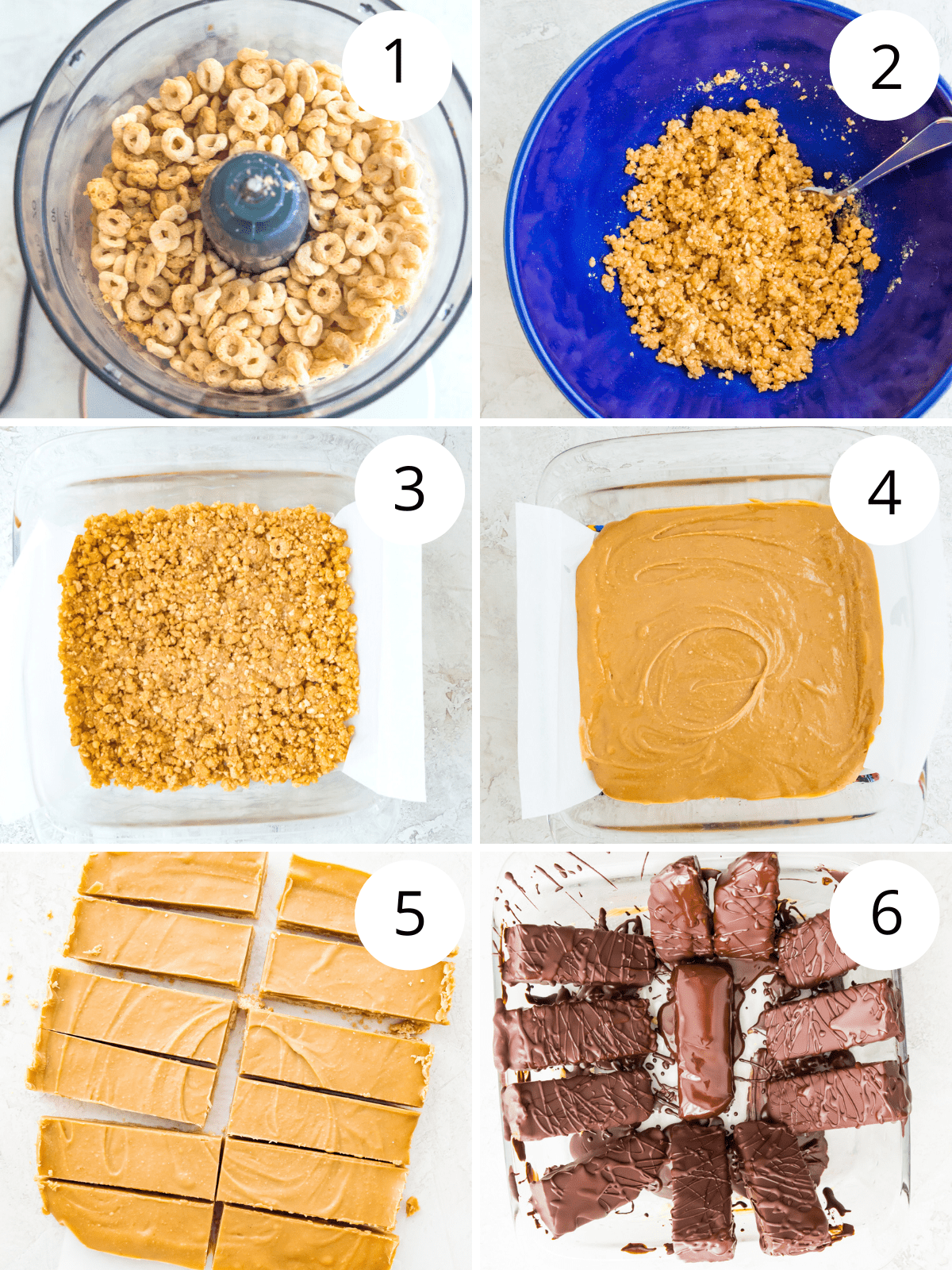 Step by step directions for making chocolate peanut butter cereal bars. 