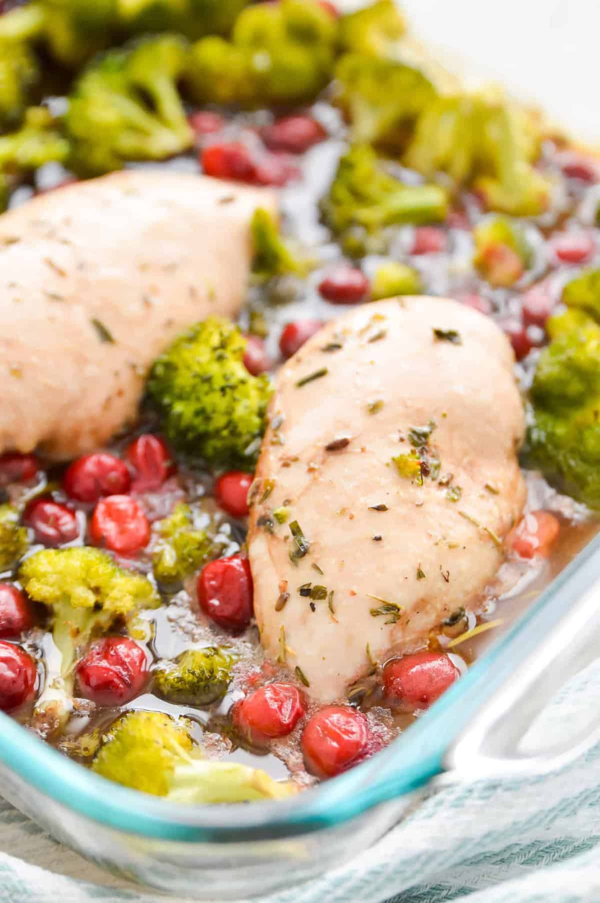 A baking dish filled with cooked chicken breasts, broccoli and cranberries. 