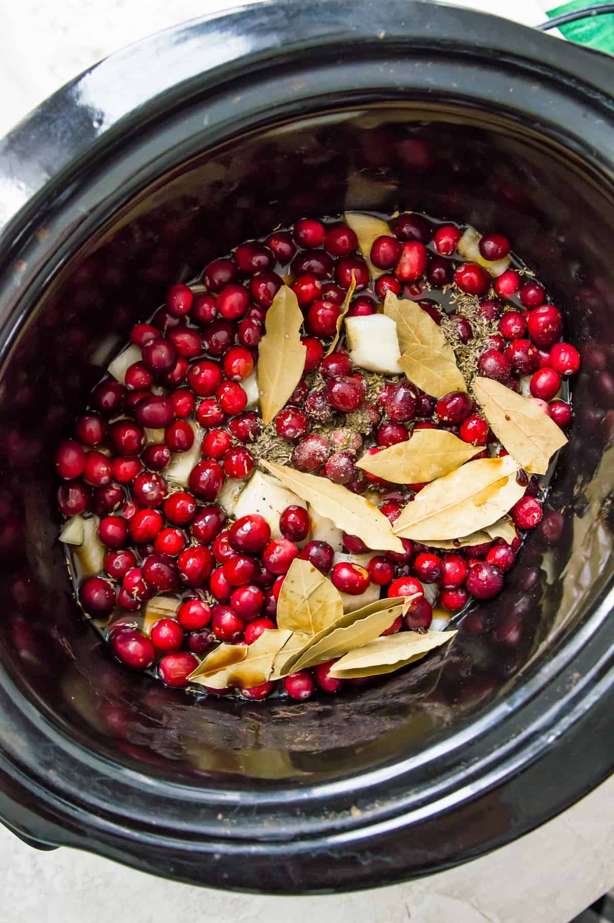 Cranberries, broth and spices in a slow cooker bowl. 