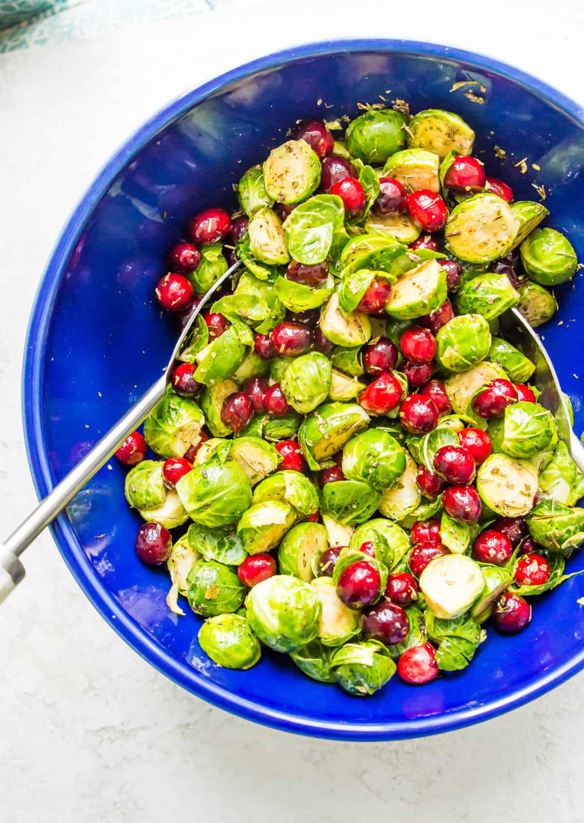 Chopped Brussels sprouts and fresh cranberries in a bowl with two spoons. 