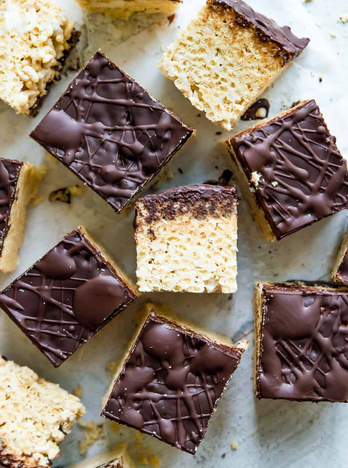 Chocolate covered Rice Krispie Treats cut into pieces. 
