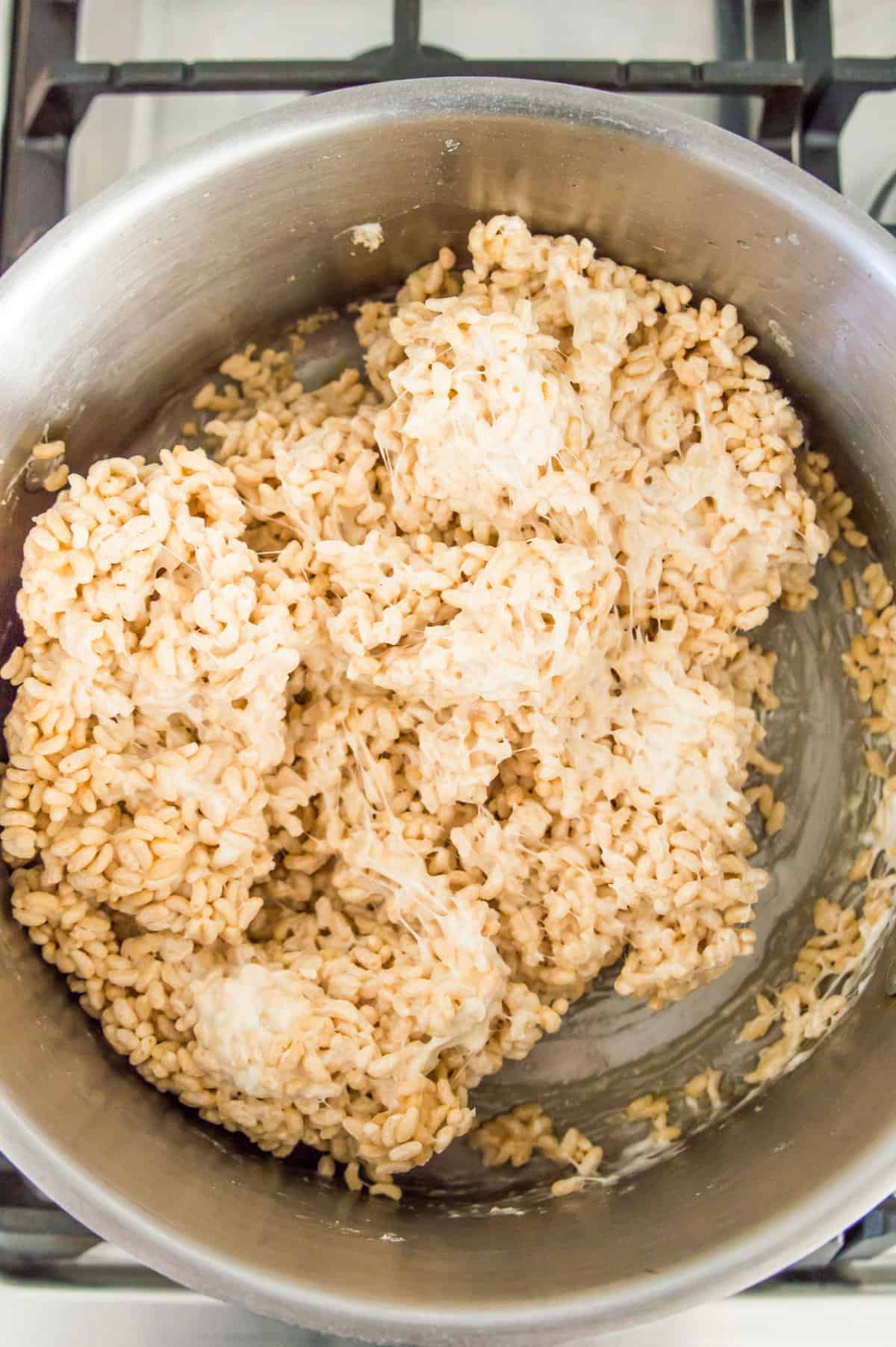 A pot of Rice Krispies and melted marshmallows. 