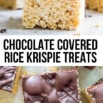 Pieces of chocolate covered Rice Krispie Treats.