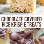 Pieces of chocolate covered Rice Krispie Treats.