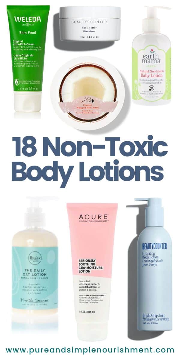 A collage of non toxic body lotions and creams.