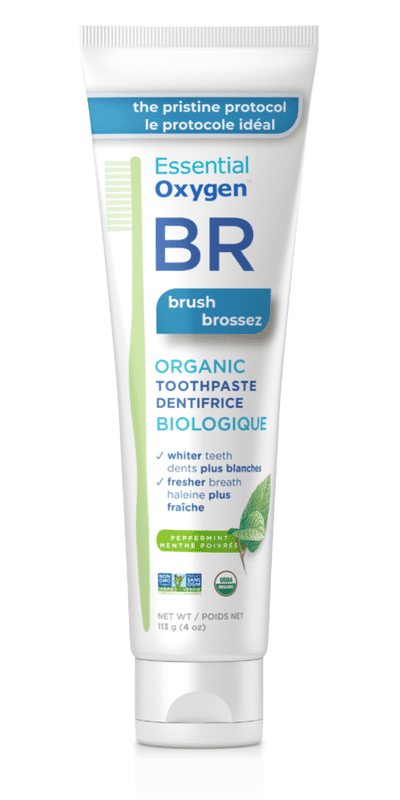 A tube of Essential oxygen BR toothpaste. 