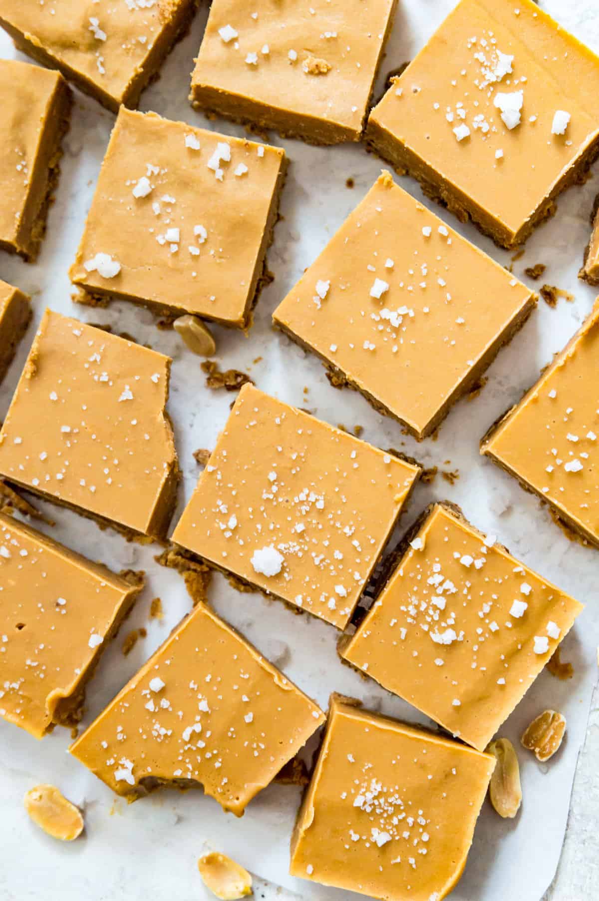 Peanut butter fudge cut into pieces and topped with coarse sea salt.