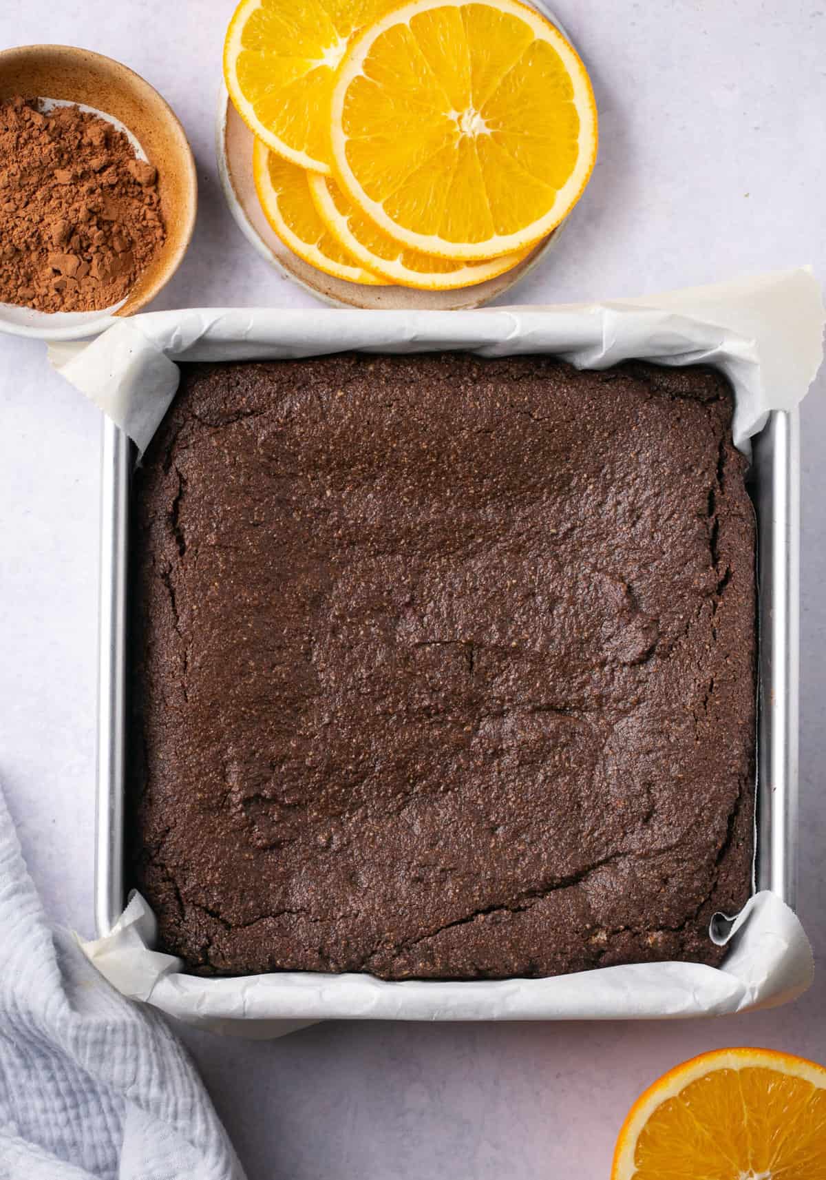 A pan of baked brownies. 