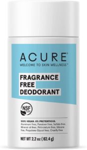 A tube of Acure fragrance free deodorant. 