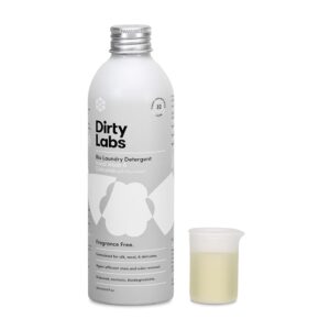 A bottle of Dirty Labs Scent Free Laundry Detergent. 