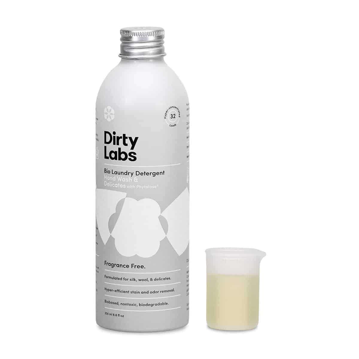 A bottle of Dirty Labs Scent Free Laundry Detergent. 