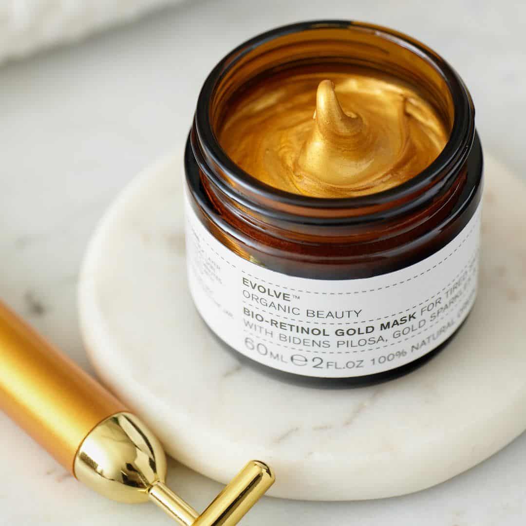 A jar of Evolve Organic Beauty Bio-retinol gold face mask.