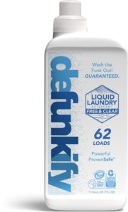 A bottle of Defunkify liquid laundry detergent. 