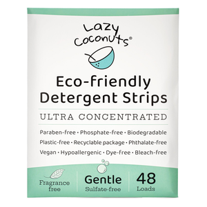 A package of Lazy Coconuts laundry detergent strips.