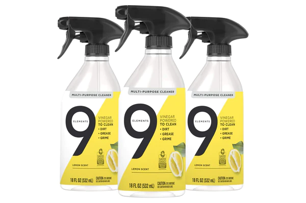 Three bottles of 9 Elements multi-purpose cleaning spray.