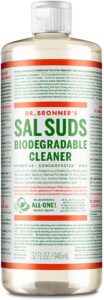 A bottle of Dr. Bronner's Sals Suds Biodegradable Cleaner. 