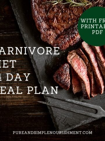 A piece of cut steak on a ceramic slab with the title Carnivore Diet Meal Plan over it.