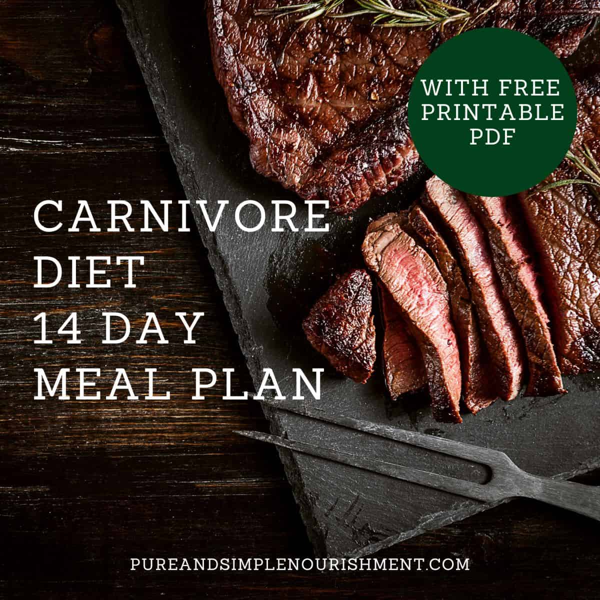 A piece of cut steak on a ceramic slab with the title Carnivore Diet Meal Plan over it.