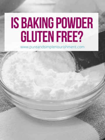 A glass bowl with baking powder and a teaspoon in it with the title Is Baking Powder Gluten Free over it.