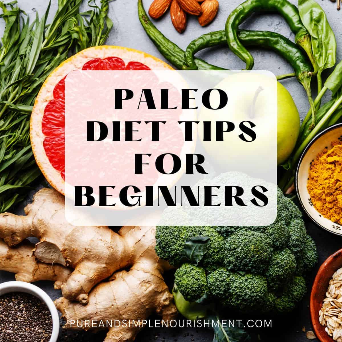 A file of fresh fruits and vegetables with the title Paleo Diet Tips for Beginners over them.