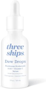 A bottle of Three Ships Dew Drops Mushroom Hyaluronic Acid + Vitamin C Serum.