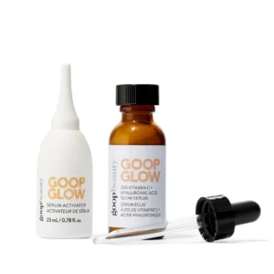 A bottle of GOOPGLOW 20% Vitamin C + Hyaluronic Glow Serum.
