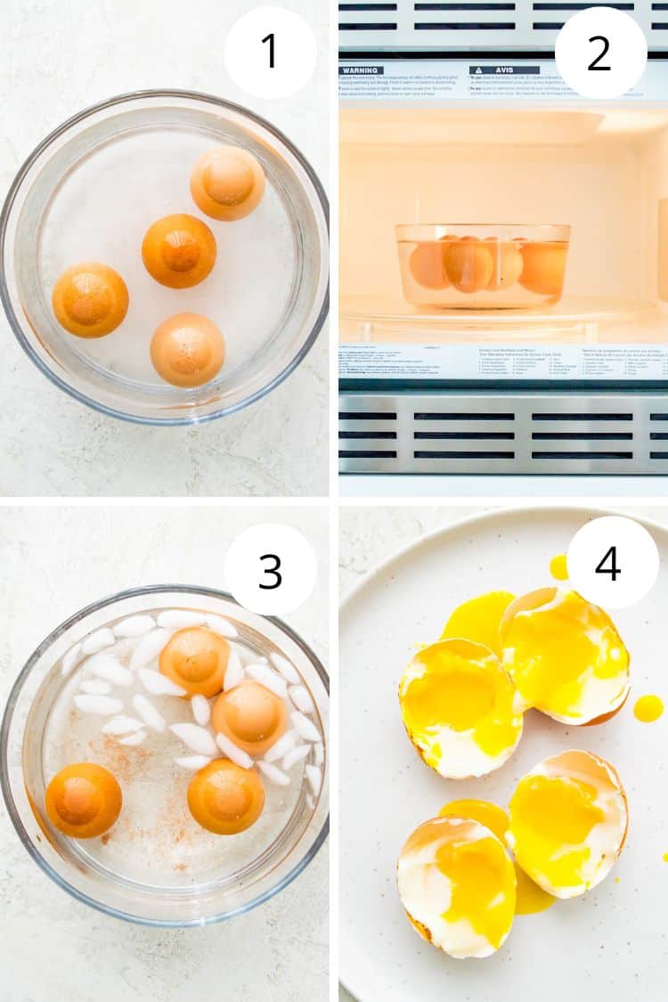 Step by step directions for making soft boiled eggs in a microwave.