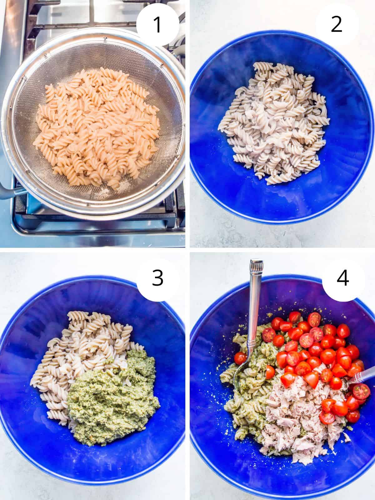 Step by step directions for making tuna pesto pasta. 
