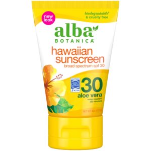 A bottle of Alba Botanica sunscreen lotion.