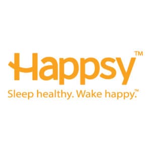 The Happsy mattress logo with the words "sleep healthy. Wake happy" under it.