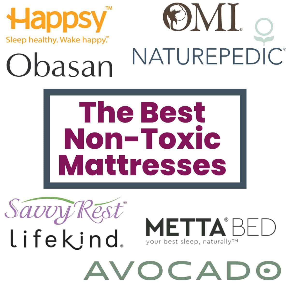 A collage with many different mattress brands logos with the title The Best Non Toxic Mattresses over them.