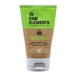 A bottle of Raw Elements SPF 30 sunscreen.