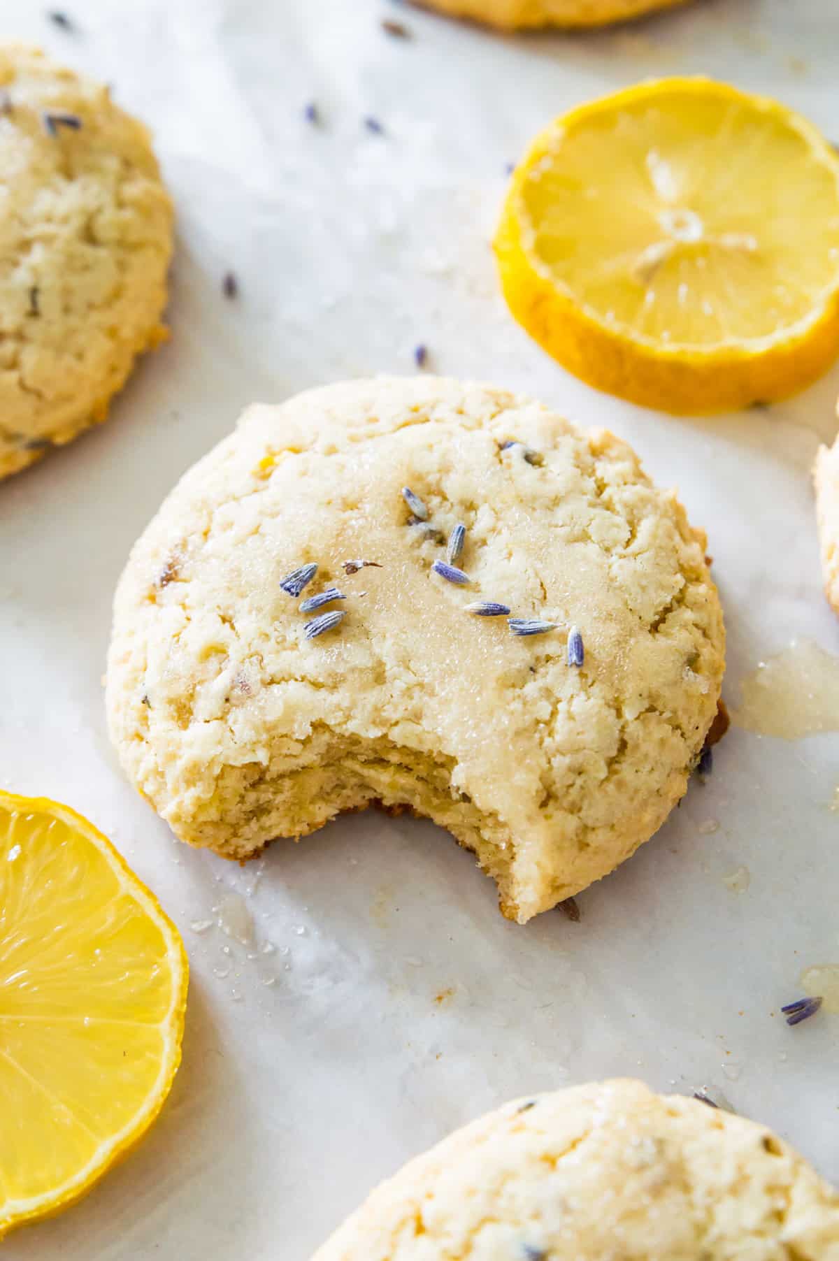 A lemon lavender cookie on a baking sheet with a bite out of it and lavender flowers on top of it.